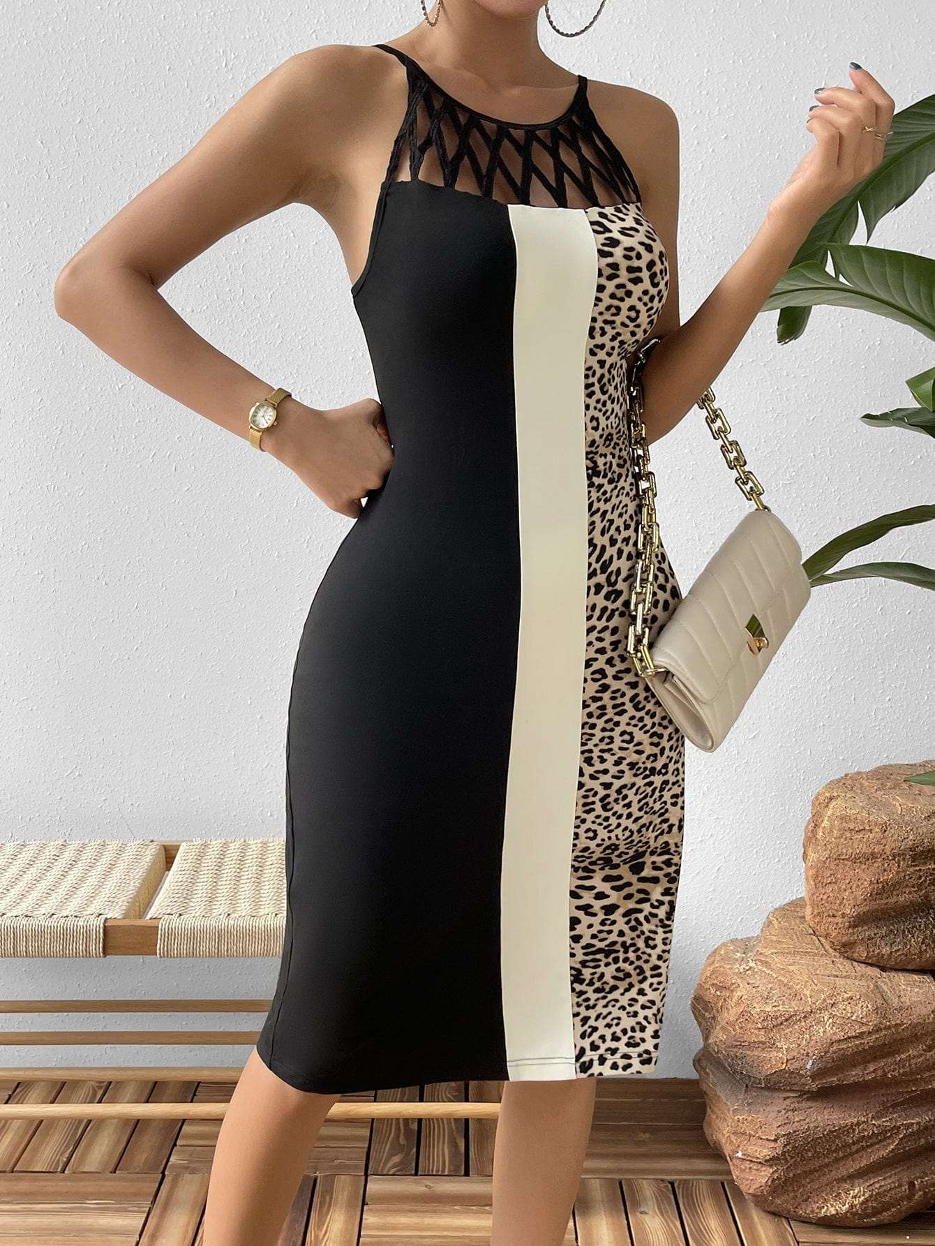 Leopard Color Block Cutout Sleeveless Knee-Length Dress Uniquemoniquemarketplace.com 