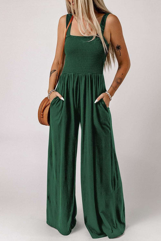 Smocked Square Neck Wide Leg Jumpsuit with Pockets Uniquemoniquemarketplace.com 